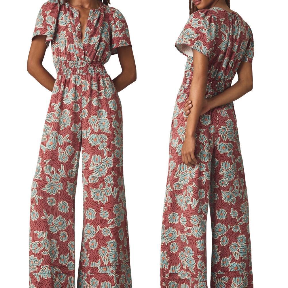 Anthropologie Somerset Floral Wide Leg Jumpsuit Size S Orange Smocked Pockets‎